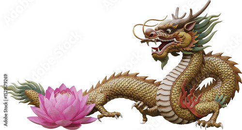 Dragon statue with detailed scales next to a pink lotus flower vector illustration