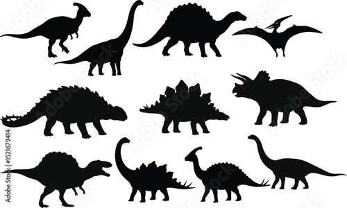 Diverse Dinosaur Silhouettes: Prehistoric Animal Set vector illustration