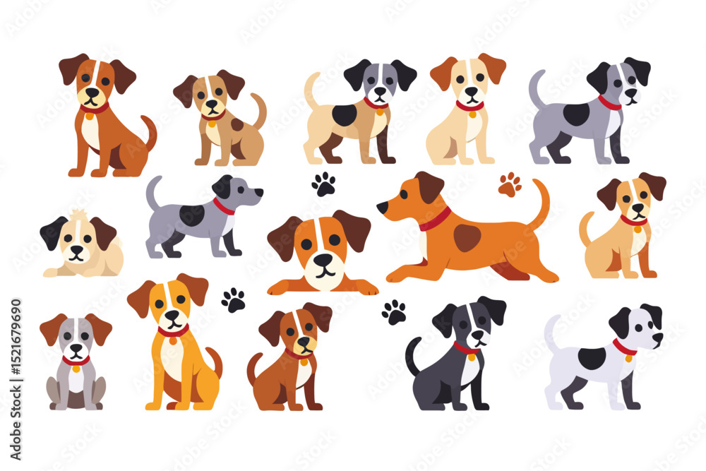 Fototapeta premium Cute Cartoon Dogs Illustration- Variety of Puppy Breeds- Adorable Animal Characters for Kids- Vector Dog Clipart- Pet Icons for Graphic Design- Funny Dog Drawing- Dog Illustration Art