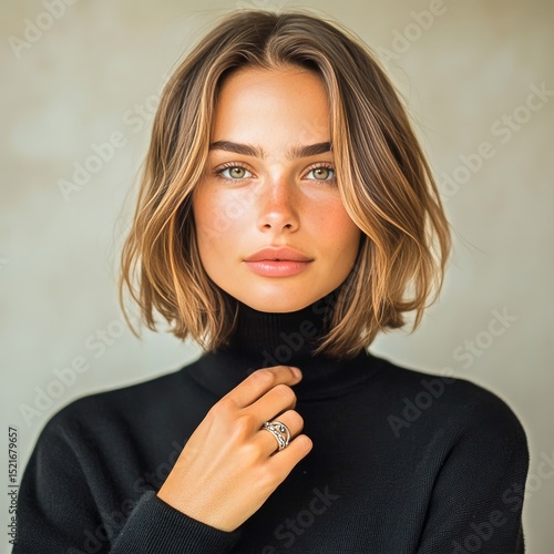 Beautiful Young Woman With a Stylish Bob Haircut in Natural Light Showcasing ...