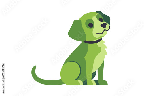 Cute Green Cartoon Dog Illustration- Adorable Puppy with Collar Sitting Patiently- Vector Graphic for Kids and Animal Lovers- Playful Dog Design