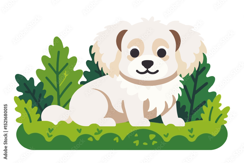Fototapeta premium Cute White Puppy Cartoon Illustration - Adorable Dog Sitting in Grass - Vector Graphics for Kids and Pet Lovers- Whimsical Animal Art