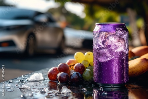 Refreshing Drink and Fruits on a Warm Day Near a Parked Car in a Lively Outdo...