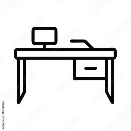 Simple Line Drawing of Desk with Computer and Drawer for Office Icon
