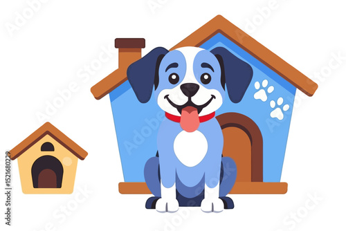 Happy Dog in Doghouse Cartoon Illustration- Cute Puppy with Tongue Out- Pet Shelter Graphics- Perfect for Kids' Content- Animal Clipart Download