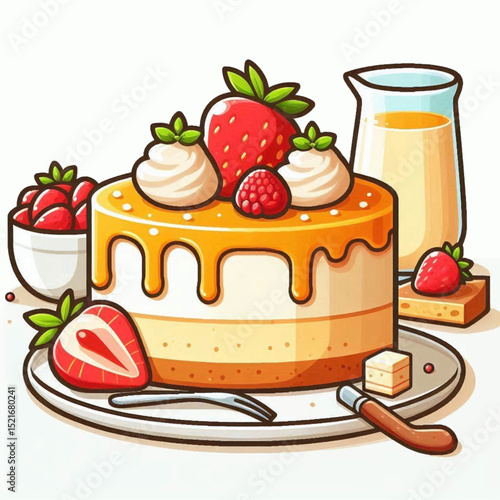 A cake topped with strawberries and cream drizzled with caramel and served with fresh berries