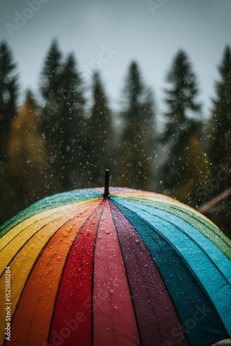 Colorful Umbrella in the Rain Surrounded by Lush Green Forest During a Gloomy...