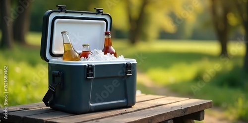 A sleek, modern cooler filled with ice and refreshing beverages sits on a rustic wooden table outdoors, ready for a picnic or adventure , blue, chilling