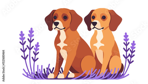 Two Cute Brown Puppies Sitting Amongst Lavender Flowers-Cartoon Dog Illustration-Adorable Pet Companions in a Colorful Scene-Dog Lovers Delight