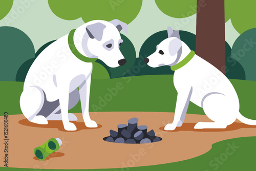 Two Curious Dogs by a Hole- Funny Dog Illustration- Playful Canine Cartoon in a Park Setting- Cute Dogs with Green Collars Exploring a Hole