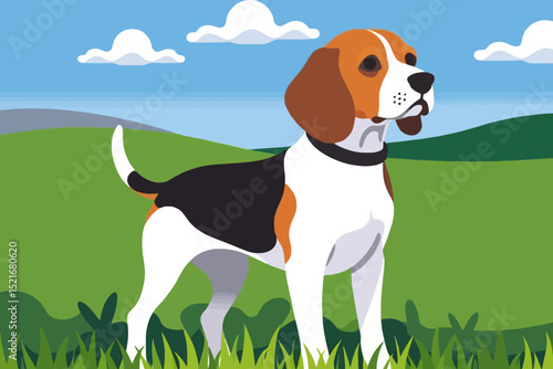 Cartoon Beagle Dog Standing in Green Field - Vector Illustration of a Cute Pet - Dog Breed Artwork with Blue Sky and Clouds