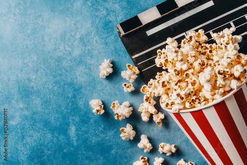Popcorn and Clapperboard on Blue Background for Movie Night Celebration