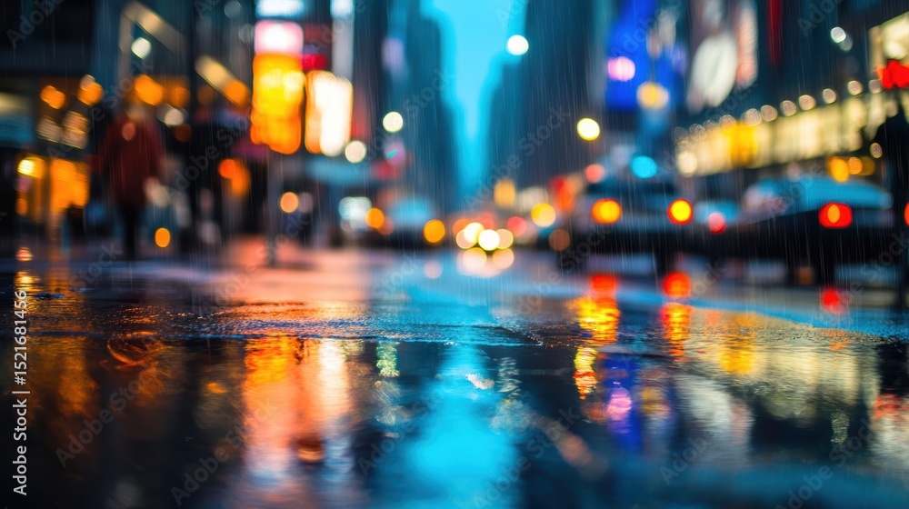 A rainy city street at night, with reflections of neon signs and car lights on the wet pavement A rainy city street at night, with reflections of neon signs and car lights on the wet pavement