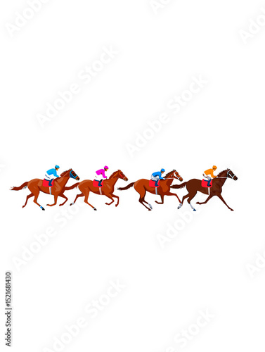 Four thoroughbred horses with jockeys racing in full gallop