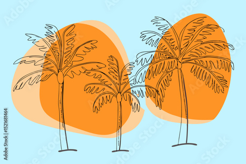 Two palm trees with orange backgrounds in a tropical style  