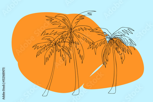 Two palm trees with orange backgrounds in a tropical style  