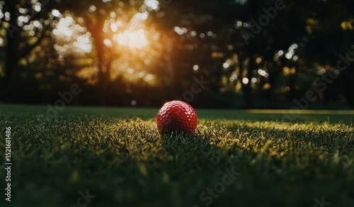 Red Golf Ball Resting on Green Grass During Sunset at a Golf Course