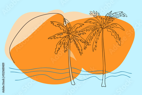 Two palm trees with orange backgrounds in a tropical style  