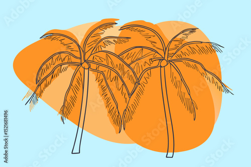Two palm trees with orange backgrounds in a tropical style  