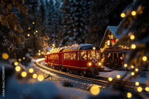 Winter Train Travels Through a Snowy Forest With Festive Lights and a Cozy Ca...