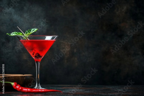 Unique Spicy Cocktail With Vibrant Red Color Garnished With Chili Pepper on D...