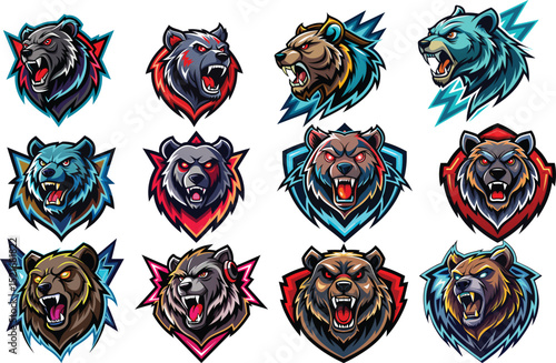aggressive grizzly bear head mascot logo set vector illustration