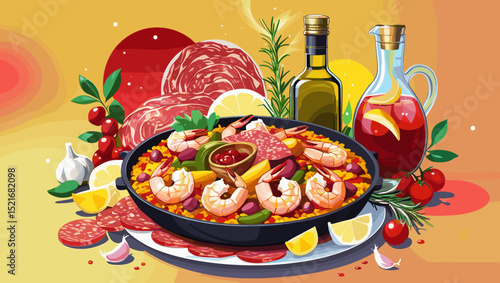 Colorful paella dish with shrimp, meats, vegetables, and olive oil served with garnishes on a vibrant background