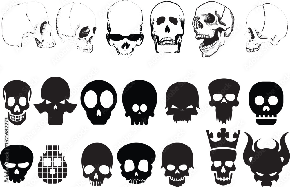 A vibrant vector cartoon illustration features a set of smiling pirate skulls with various emotions, perfect for a Halloween design or avatar symbol