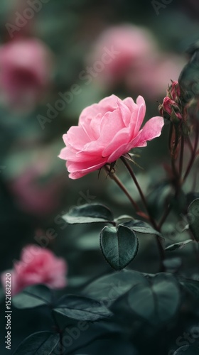 Beautiful Pink Roses Bloom Amidst Dark Green Leaves in a Spring Garden.