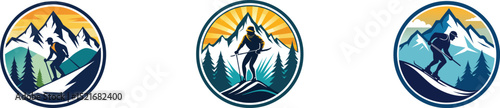 man skiing on ice mountain badge design set vector illustration