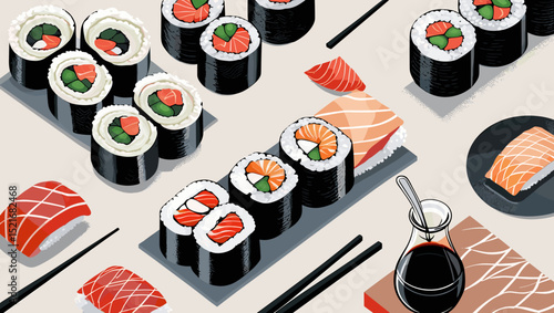 Delicious sushi platter featuring various rolls and sashimi with soy sauce and chopsticks on a light background