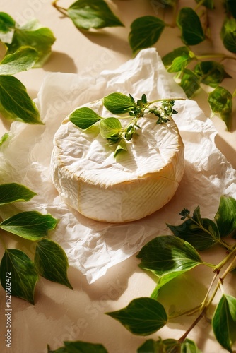 Creamy Cheese Surrounded by Fresh Herbs on Soft Fabric Backdrop for Culinary ...