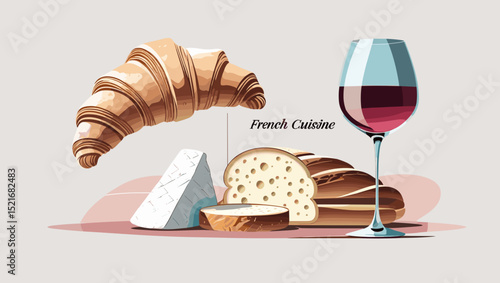 Elegant French cuisine display featuring croissant, cheeses, bread, and a glass of red wine on a soft background