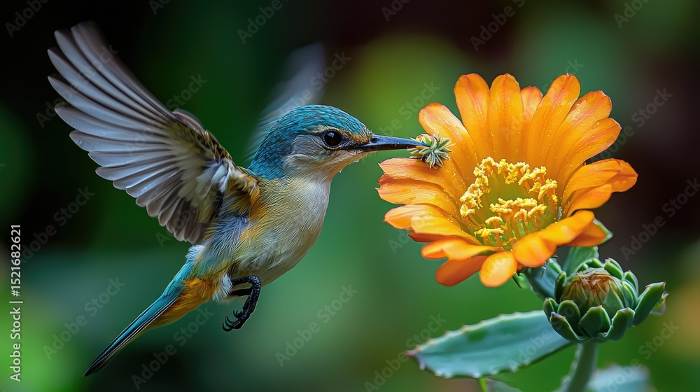 Fototapeta premium A vibrant hummingbird hovers near a vibrant orange flower.