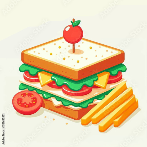 A layered sandwich with fries a tomato slice and a skewer with a red sphere on top
