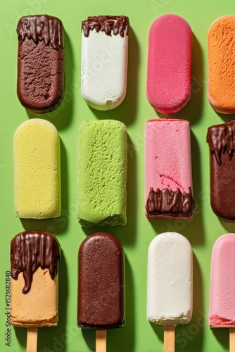 Colorful Ice Pops Arranged Neatly Against a Green Background Ready for Summer...