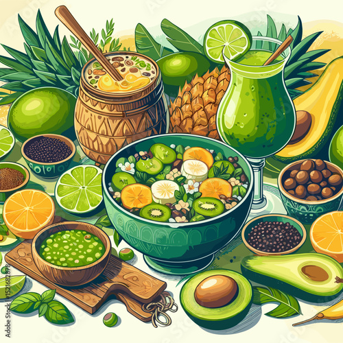 Colorful tropical fruit and smoothie arrangement including avocados, citrus, and refreshing drinks on a green background