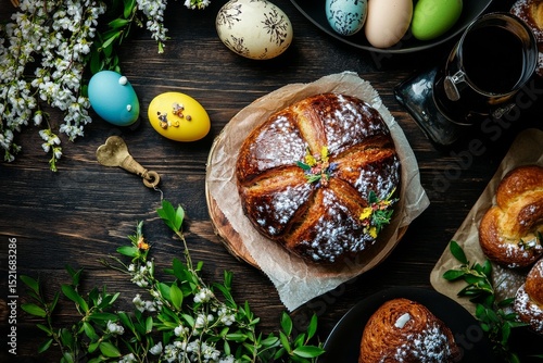Decorated Table With Baked Bread and Easter Eggs During Spring Celebration.