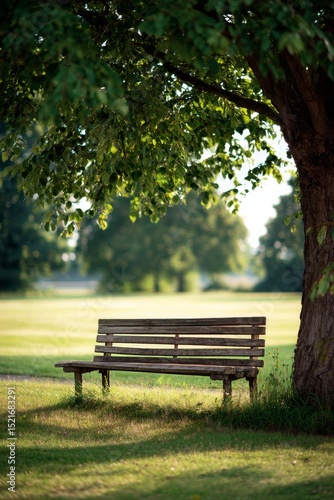 Wooden Bench Under a Tree in a Sunny Park Surrounded by Green Grass During Ea...