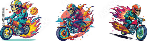 colorful abstract  skeleton riding on bike with flame set vector illustration 