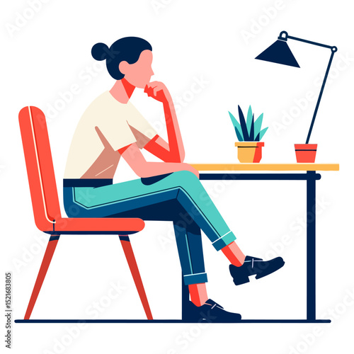 A Thoughtful Woman Sitting at Her Desk, Contemplating Ideas in a Calm and Peaceful Atmosphere