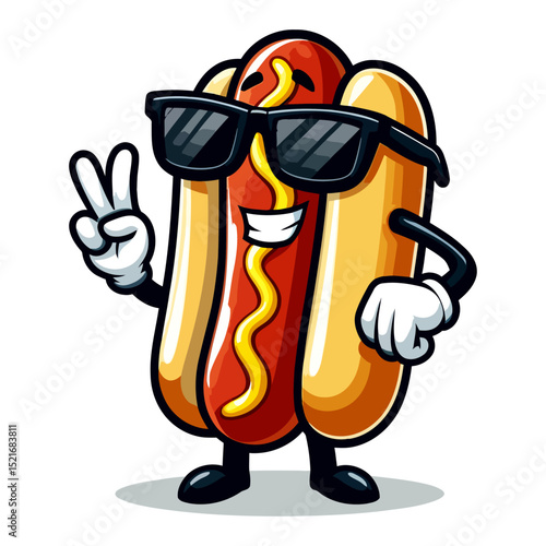 Cool Hot Dog Cartoon Character: Summer Vibes, Peace Sign, Sunglasses