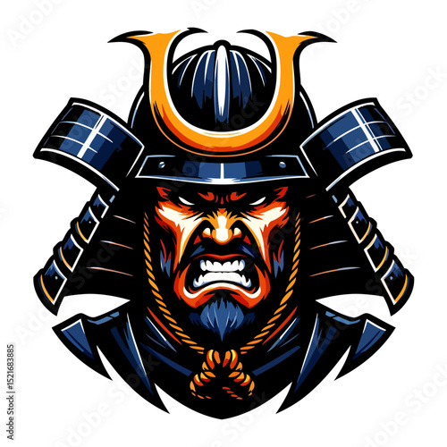 Furious Samurai Warrior: A Close-Up Portrait of an Ancient Japanese Warrior in Full Armor