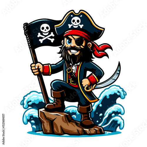 A Jolly Roger Pirate Captain on a Rocky Shore, Amidst Crashing Waves: A Thrilling Nautical Adventure
