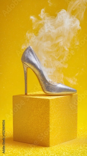 Sparkling High Heel on a Yellow Pedestal Creates a Vibrant Fashion Statement ...