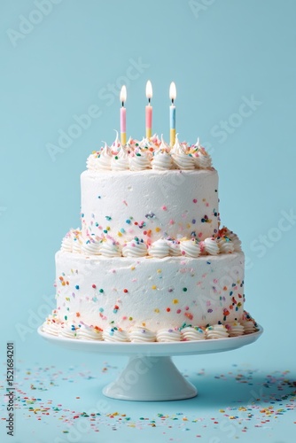 Festive Birthday Cake With Colorful Sprinkles and Candles on Pastel Blue Back...