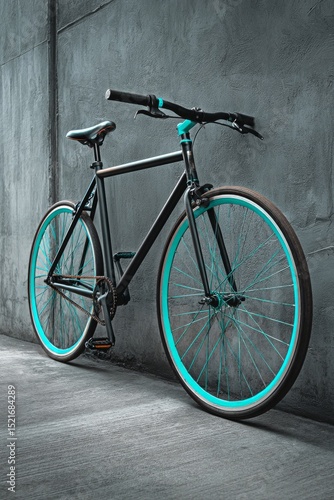 Stylish Black Bicycle With Turquoise Accents Parked Against a Textured Stone ...