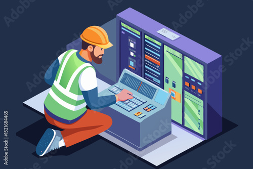Technician Working at a Control Panel technician safety gear operates complex control panel with numerous displays and buttons technician control panel operator maintenance engineer safety