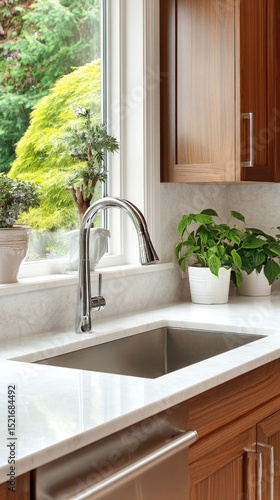Modern Kitchen Sink With a View of Garden Plants in a Cozy Home Setting