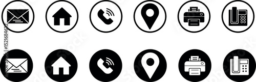 Set of essential communication and navigation icons including phone, email, map pin, home, and office in black and white for UI, app, and digital interface 